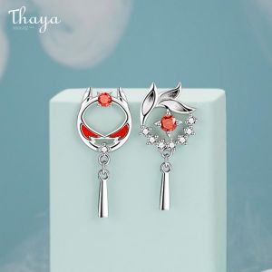 Thaya Authentic S925 Sterling Silver Earring Drop Red Oil Lion Earring Dangle Beast Style For Women Silver Ear Fine Jewelry