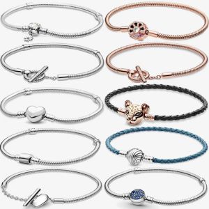 2021 New 925 Sterling Silver Bracelet Shiny Blue Stone Disc Love Heart Perforated Snake Chain Clasp Bracelet Women Jewelry Gift