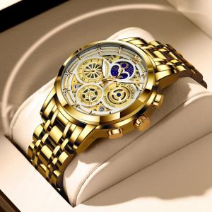 2021 New LIGE Sport Men Watch Top Brand Luxury Gold Stainless Steel Quartz Wrsit Watch Men Fashion Hollow Waterproof Chronograph