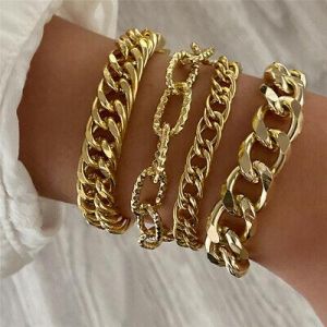 PUNK Mens Women Chunky Chain Stainless Steel Bracelet Gold Curb Cuban Link 7-10"