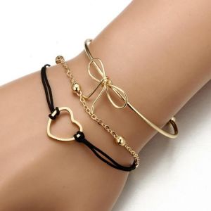 SOUVENIR مجوهرات واكسسوارات 3Pcs Designer Bracelet Sets Bowknot Heart Gold Charming Chain Bracelets for Women